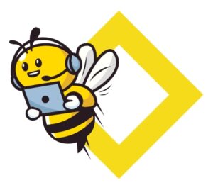 Eine Vektor-Cartoon-Biene mit Kopfhörern, die ein Telefon hält, repräsentiert Vector-ITS Digitale Lösungen.
